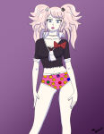 belly_button childish_panties danganronpa danganronpa_(series) embarrassed embarrassed_underwear_female euf exposed_panties junko_enoshima midriff mrbragas no_pants no_skirt panties pantsless pink_panties print_underwear printed_panties skirtless underpants underwear