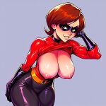 big_breasts bodysuit erect_nipples flashing flashing_breasts gloves helen_parr looking_at_viewer mask no_bra poosan the_incredibles thighs