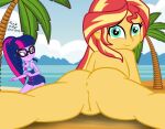 1girl 2020s 2022 2_girls 2d anus ass ass_focus bare_ass bare_shoulders beach completely_nude completely_nude_female day equestria_girls glasses green_eyes high_res legs_apart looking_at_viewer multicolored_hair my_little_pony nude nude_beach nude_female official_alternate_costume older older_female on_stomach one-piece_swimsuit orange_skin outside pink_skin purple_hair pussy red_hair robert_rose sand sci-twi sunset_shimmer swimsuit water young_adult young_adult_female young_adult_woman