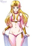  1girl alluring alternate_costume bangs belt bikini bikini_bottom bikini_top blonde_hair blue_eyes blush bracelet breasts circlet curvy earrings gem holding jewelry long_hair looking_at_viewer medium_breasts mina*cream mina_cream minacream navel necklace nintendo parted_bangs pearl_necklace pink_bikini pink_swimsuit pointy_ears princess princess_zelda stomach super_smash_bros. swimsuit the_legend_of_zelda the_legend_of_zelda:_a_link_between_worlds towel triforce zelda_(a_link_between_worlds) 