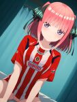 blue_eyes bottomless butterfly_hair_ornament chivas go-toubun_no_hanayome hair_ornament looking_at_viewer medium_hair nakano_nino nekom14 no_panties no_pants pink_hair pussy sitting_on_bed soccer_jersey