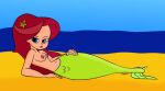 1girl 2016 beach blue_eyes breasts eyebrows eyelashes green_tail lipstick looking_at_viewer marina_(zig_and_sharko) merfolk mermaid mermaid_tail navel nipples nude nude red_hairband starfish starfish_hair_ornament xilam zig_and_sharko