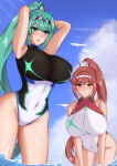 2_girls alluring bare_legs big_breasts bikini core_crystal glimmer_(xenoblade) green_eyes green_hair momosuke mother_&_daughter nintendo one-piece_bikini pneuma_(xenoblade) red_eyes red_hair xenoblade_(series) xenoblade_chronicles_2 xenoblade_chronicles_3 xenoblade_chronicles_3:_future_redeemed