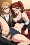 1boy 1girl ai_generated brown_hair cleavage couple dark_brown_hair glasses marvin_harris original_character persona_4 pussy rise_kujikawa vaginal vaginal_penetration vaginal_sex