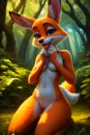 1girl ai_generated anthro blue_eyes completely_nude_female forest fox_ears fox_girl fox_tail furry furry_female knees naughty_face navel nude_female orange_fur original original_character pussy tongue_out yiff