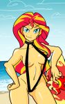 1girl 1girl 1girls beach bikini cyan_eyes equestria_girls friendship_is_magic human long_hair multicolored_hair my_little_pony nipples reiduran sling_bikini sunset_shimmer swimsuit water yellow_skin