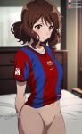 ai_generated bottomless brown_eyes brown_hair fc_barcelona hibike!_euphonium looking_at_viewer medium_hair nekom14 no_panties no_pants oumae_kumiko pussy soccer_jersey