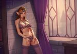 1girl alluring blue_eyes blush bracelet brown_hair clothed crown curtains deilan12 female_focus female_only floral_print gold_jewelry hair_accessory hylian hylian_ears indoors leaning_against_wall leaning_back leggings lingerie nintendo pointy_ears princess_zelda see-through see-through_bra see-through_clothing see-through_panties see-through_top solo_female solo_focus standing the_legend_of_zelda twilight_princess window zelda_(twilight_princess)