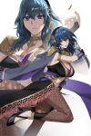 1girl alluring big_breasts blue_eyes byleth_(female)_(fire_emblem) byleth_(fire_emblem) byleth_(jehanna)_(fire_emblem_(female) cleavage dagger fire_emblem fire_emblem:_three_houses high_res holding holding_dagger holding_knife holding_weapon knife medium_hair nintendo official_alternate_costume pantyhose teal_hair ushiomi weapon