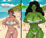 abs artist_signature beach before_and_after belly_button big_breasts breast_expansion cloudy_sky detailed_background embarrassed_female funny glasses growth hair_growth hands_behind_back jennifer_walters marvel marvel_comics nipple_visible_through_clothes outside post_transformation sea shaved_armpit she-hulk slim_waist suprised_look swearing tagme tan_line tanned topless_bikini transformation wide_hips