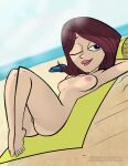 1girl 2d 2d_(artwork) 2d_artwork beach colored dan_vs. drpizzaboi elise igotahangova inkershike lying nipple nipples one_eye_closed pussy tan tan_body tan_line tan_skin tanned tanned_skin towel