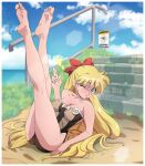 1girl 1girl absurd_res alluring bishoujo_senshi_sailor_moon blonde_hair blue_eyes blue_sky bow casual_one-piece_bikini cloud commentary day english_commentary frilled_one-piece_swimsuit frills fritz_willie full_body grass hair_bow high_res legs_up long_hair minako_aino official_alternate_costume one-piece_bikini one_eye_closed outside red_bow sign sky stairs swimsuit two-tone_swimsuit