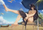 1girl 1girl 1girl anthropomorphization azur_lane barefoot beach bent_knees bird black_hair blue_eyes boat censored cirilla clothing extremely_large_filesize feet hair_ornament high_resolution horn horns large_filesize long_hair looking_at_viewer nipples noshiro_(azur_lane) ocean oni_horns outside paid_reward palm_tree parasol purple_eyes pussy scenery seagull shinelian sitting skirt smile soles tree umbrella undressing very_high_resolution water watercraft wet x_hair_ornament