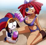 2_girls beach bikini bow cleavage coolerinker drinking huge_breasts inker_comics inkershike jester kneel looking_at_viewer pomni_(the_amazing_digital_circus) ragatha sand shake slurping stitches stupid_sauce the_amazing_digital_circus wariza