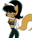 1girl 1girl absurd_res anthro black_hair bra breasts cleavage closed_eyes clothed clothing clothing_lift domestic_cat dr._pizza_boi felid feline felis fur hair high_res inkershike kitty_katswell mammal nickelodeon shirt shirt_lift simple_background t.u.f.f._puppy tan_body tan_fur topwear underwear white_background