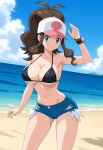 1girl accurate_art_style alluring androidparanoid beach big_breasts bikini blue_eyes blue_sky brown_eyes cleavage hat hilda hilda_(pokemon) nintendo ocean pin_up pokemon pokemon_(anime) shorts touko_(pokemon)