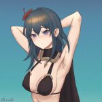 1girl 1girl 1girl alluring alternate_costume bikini black_bikini black_swimsuit blue_eyes byleth_(fire_emblem) byleth_(fire_emblem)_(female) byleth_(summer)_(fire_emblem)_(female) cape cleavage expressionless female_only fire_emblem fire_emblem:_three_houses fire_emblem_heroes flower hair_flower lesu medium_breasts medium_hair nintendo official_alternate_costume red_flower sideboob swimsuit teal_hair