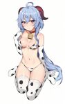 1girl big_ass big_breasts bikini blue_hair canape0130 cow_bell cow_bikini cute dragon dragon_girl ganyu_(genshin_impact) horns long_gloves long_hair seductive sexy shy thighs