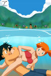 1boy 1girl aquaphilia arekusanderu background_characters bikini breasts brock_(pokemon) female handjob kasumi_(pokemon) male medium_breasts nintendo partially_underwater_shot penis penis_out pikachu pokemon red_bikini red_swimsuit satoshi_(pokemon) submerged swimming_trunks swimsuit underwater