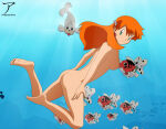 1girl arekusanderu ass barefoot feet female freediving kasumi_(pokemon) mermaid_misty_(pokemon) nintendo nude pokemon sideboob skinny_dipping solo swimming underwater