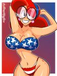 1girl 4th_of_july american_flag_bikini atomickingboo big_breasts bikini breasts cleavage female_only freckles glasses long_hair pubic_hair red_hair round_glasses sexy shiny shiny_skin smile terra_mandrile