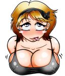  1girl big_breasts blonde_hair blush breasts derpina gmeen hairband rage_comics tank_top tongue white_background 