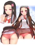 1girl 1girl alternate_costume ass black_hair impossible_clothes kamado_nezuko kimetsu_no_yaiba long_hair multiple_views panties red_panties school_uniform underwear