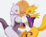 2girls blush breasts busty closed_eyes crossover cum cumshot digimon furry mewtwo paizuri penis pokemon renamon tail