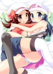 2girls art ass babe bare_legs bare_shoulders beanie big_breasts black_legwear blue_eyes blue_hair blue_shorts blush breasts brown_eyes brown_hair cabbie_hat cameltoe cleavage dawn embarrassed friends hair_ornament hat hugging kotone_(pokemon) legs looking_at_another looking_at_viewer love lyra multiple_girls nagatu_usagi nintendo panties pillow pink_skirt pokemon pokemon_(anime) pokemon_(game) pokemon_dppt pokemon_hgss ribbon short_hair shorts shy skirt small_breasts smile stockings striped striped_panties striped_pillow sweat sweatdrop tongue tongue_out white_legwear yuri