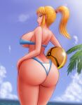  1female 1girl 2020s ass ass_cleavage beach beach_ball big_breasts bikini blonde_hair blue_eyes blue_sky butt_crack cloud day hairband huge_ass looking_back metroid morph_ball nintendo pale-skinned_female palm_tree ponytail saf-404 safartwoks safartworks samus_aran seaside seductive_pose serious serious_face side_view sky solo standing strapless_bikini sunlight tree white_bikini wide_hips 