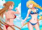 2_girls alice_schuberg alluring amber_eyes asuna_(sao) auburn_hair beach big_breasts bikini blonde_hair blue_eyes ocean posing sword_art_online u30b