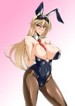 1girl animal_costume animal_ears arms_behind_back blonde blonde_hair blue_eyes breasts bunny_costume bunny_ears bunnysuit bursting_breasts cleavage curvy detached_collar female goggles gradient_background groin hanna-justina_marseille hips huge_breasts kanten large_breasts light_skin long_hair mound_of_venus necktie pantyhose pink_background playboy simple_background solo standing strike_witches tie wide_hips