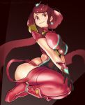  1girl arched_back bangs black_gloves breasts earrings from_below gloves hair_ornament heroine jewelry kneel large_breasts looking_at_viewer looking_down nalluring nintendo pyra red_eyes red_hair red_legwear short_hair short_shorts shorts swept_bangs thigh_high_boots thighs xenoblade xenoblade_(series) xenoblade_chronicles_2 