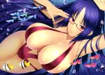  1girl adjusting_glasses arm_up blue_hair breasts cleavage curvy fish glasses huge_breasts looking_at_viewer matarou_(genkai_toppa) parted_lips red-framed_glasses red_bikini red_eyes ridget_(suisei_no_gargantia) semi-rimless_glasses skindentation suisei_no_gargantia swimsuit thighs underwater wide_hips 