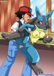  ash_ketchum bbmbbf digitigrade female fondling from_behind hat human interspecies lucario male male/female nintendo nipples palcomix pokemon pokephilia pokepornlive red_eyes sex vaginal video_games 