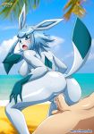 anthro anus ass bbmbbf beach blush breasts cum cum_inside female from_behind furry glaceon human human_on_anthro interspecies nintendo nipples ocean palcomix pokemon pokepornlive pussy reverse_cowgirl_position seaside sex solo_focus vaginal