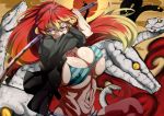 ao_no_exorcist big_breasts blonde_hair bra breasts cleavage eechi female girl kirigakure_shura large_breasts long_hair multicolored_hair nipples nuezou red_hair snake stockings striped striped_bra sword thighhighs two-tone_hair underwear weapon