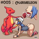 1female 1girl all_fours bottomless charmeleon cum cum_in_mouth cum_inside dawn dawn_(pokemon) fellatio female female_human female_human/male_pokemon hikari_(pokemon) human/pokemon internal interspecies male_pokemon no_panties oral partially_clothed penis_in_mouth pokemon pokephilia selty sex