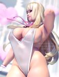 1girl alluring areola_slip armpits artnip big_breasts blonde_hair breasts covered_erect_nipples emilie_de_rochefort gloves heart long_hair namco one-piece_swimsuit swimsuit tekken