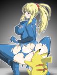  ass beastiality blonde_hair bodysuit erect_nipples metroid nintendo pikachu pokemon ponytail samus_aran smash_bros sokonoawabi super_smash_bros. torn_clothes zero_suit 