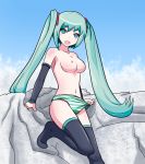 1girl 1girl black_legwear blue_eyes blue_hair blue_panties blue_underwear blush clavicle cloud detached_sleeves kongjian_cuoluan leg_lift long_hair long_sleeves looking_at_viewer miku_hatsune navel nipples open_mouth panties panty_tug rock sky socks standing stockings striped striped_panties tied_hair topless twin_tails underwear vocaloid white_panties white_underwear