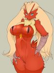 1girl areola areola_slip areolae avian beak belly bikini blaziken blaziken_(pokemon) blonde_hair blue_eyes breasts bursyamo_(pokemon) chicken claws cleavage creatures_(company) furry game_freak gen_3_pokemon grey_background hair hands_on_hips large_breasts long_hair micro_bikini midriff multicolored_fur navel nintendo perfection pokemon pokemon_(anime) pokemon_(creature) pokemon_(game) pokemon_(species) pokemon_rse pokemon_ruby_sapphire_&_emerald pokemorph red_skin sideboob sindoll skimpy sling_bikini solo standing string_bikini swimsuit talons twintails wide_hips yellow_sclera