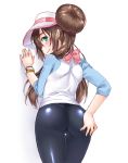 1girl against_wall ass ass_grab big_breasts blue_eyes blush bow brown_hair cowboy_shot creatures_(company) female_protagonist_(pokemon_bw2) from_behind game_freak grabbing_own_ass green_eyes hair_bun hairbun hat humans_of_pokemon leggings long_hair looking_at_viewer looking_back mei_(pokemon) nintendo pantyhose pokemon pokemon_(anime) pokemon_(game) pokemon_black_2_&_white_2 pokemon_black_and_white pokemon_bw pokemon_bw2 porkyman raglan_sleeves rosa_(pokemon) sato3 shiny shiny_clothes shouni_(sato3) simple_background skin_tight smile solo thigh_gap visor_cap white_background