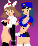  2_girls 2girls :d arm arms art babe bandanna big_breasts black_gloves black_legwear blue_eyes blue_hair breasts brown_hair cleavage cosplay creatures_(company) dawn_(pokemon) elbow_gloves female_only friends game_freak gloves hair_ornament handcuffs haruka_(pokemon) hat hikari_(pokemon) humans_of_pokemon junsaa_(pokemon) junsaa_(pokemon)_(cosplay) long_hair looking_at_another looking_at_viewer may_(pokemon) midriff naughty_face navel nintendo no_panties officer_jenny officer_jenny_(cosplay) open_mouth pokemon pokemon_(anime) pokemon_(game) pokemon_black_and_white pokemon_bw pokemon_diamond_pearl_&amp;_platinum pokemon_dppt pokemon_rse police police_hat police_officer police_uniform policewoman purple_background short_hair short_sleeves smile star stockings team_rocket team_rocket_(cosplay) white_bandanna 