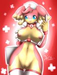  2010 audino belly big_breasts blue_eyes breasts collar fang furry midriff mn_xenx navel nintendo nipples nude nurse open_mouth pokemon pussy shiny syringe tabunne uniform 