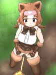 1girl 1girl absurd_res animal_ears brown_hair censored girl_peeing_standing high_res kemono_friends kodiak_bear_(kemono_friends) large_clitoris looking_at_viewer looking_up no_panties outside peeing pussy spread_pussy standing stockings y-san_(yoshino_yuuri)