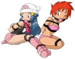 2girls ball_gag bdsm blue_hair bondage bound bra dawn gag hikari_(pokemon) multiple_girls nozomi_(pokemon) pokemon red_hair rope tied_up underwear