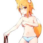  1girl animal_ears blonde_hair blush cookie_(touhou) covering_breasts covering_privates fox_ears fox_girl miramikaru_riran nucky☆ panties tail underwear undressing yellow_eyes 