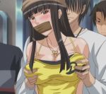  animated animated_gif black_hair blush breast_grab breasts brown_eyes cleavage crimson_girls_chikan_shihai fondling gag gif grabbing groping improvised_gag jewelry kuroha_mitsu long_hair lowres molestation pendant tank_top tape tape_gag taped_mouth 