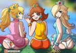  3_girls accidental_exposure ass_focus dress_lift female_only happy kinkymation looking_at_viewer looking_back mario_(series) nintendo orange_shorts princess_daisy princess_peach rosalina sitting super_mario_bros. tomboy underwear white_panties 